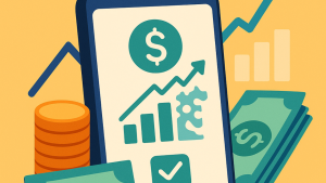 Ilustração digital flat em fundo amarelo com smartphone, moedas, cédulas e gráficos ascendentes em verde e turquesa, representando como os aplicativos de bancos digitais simplificam o acesso a empréstimos pessoais