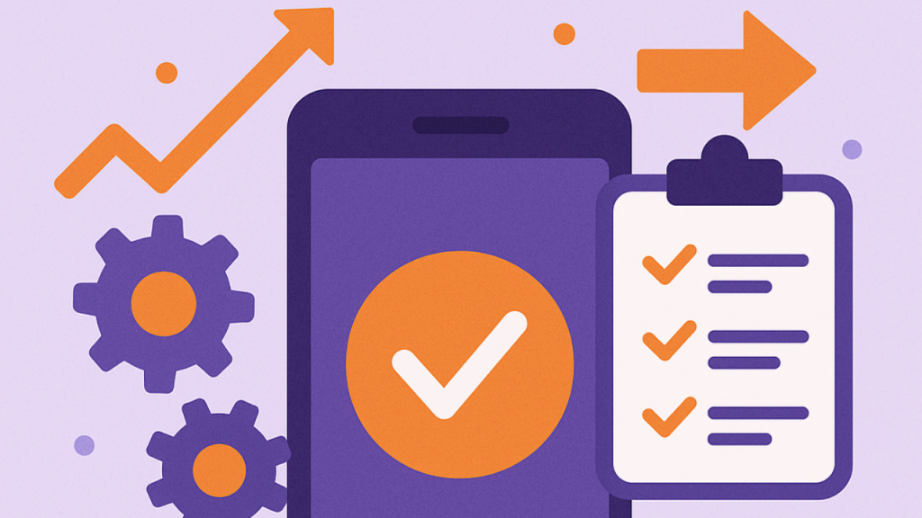 Ilustração digital flat em fundo lilás com smartphone, engrenagens, setas laranja, checklist visual e moedas, simbolizando menos burocracia e mais eficiência no acesso a crédito via aplicativos bancários.