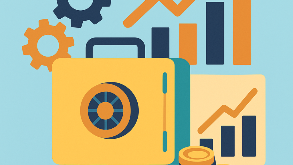 Ilustração digital flat em fundo azul-claro com cofre dourado, engrenagens azuis, moedas e gráfico de barras com seta ascendente, simbolizando inovação e segurança nas linhas de crédito para pequenos negócios.