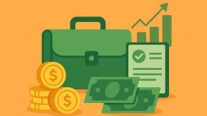 Ilustração digital flat em fundo laranja com maleta verde, moedas douradas, cédulas, documento e gráfico ascendente, simbolizando linhas de crédito e crescimento para MEIs e pequenas empresas em 2025