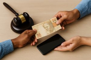 Mãos de duas pessoas realizando uma troca simbólica envolvendo um empréstimo, onde uma delas entrega uma nota de 50 reais enquanto a outra oferece um smartphone, com um martelo de juiz apoiado sobre a mesa ao lado, sugerindo formalização ou mediação em operações financeiras entre indivíduos.