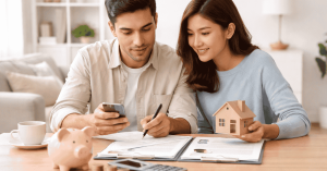 al analisando documentos financeiros em casa, planejando empréstimos com apoio de celular, calculadora e modelo de casa