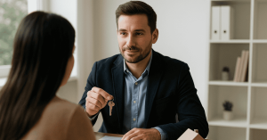 Homem de terno entrega uma chave a uma mulher em reunião com contrato, maquete de casa e calculadora na mesa, simbolizando aprovação de financiamento e empréstimos imobiliários.