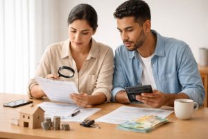 Casal analisando documentos financeiros para solicitação de empréstimo