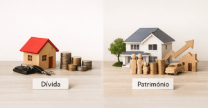 Conta digital no Brasil ilustrada por cartão bancário com a bandeira brasileira, smartphone com aplicativo financeiro, notebook e xícara de café sobre mesa, representando a rotina financeira moderna.