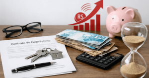 Empréstimo financeiro ilustrado por contrato de empréstimo, dinheiro em reais, calculadora, chave de imóvel, cofre em formato de porquinho e ampulheta sobre mesa, representando planejamento e custos do crédito.