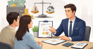 Consultor financeiro orientando um casal sobre empréstimos, com documentos, calculadora, dinheiro e balança simbolizando decisões entre crédito e imóvel.