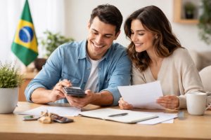 Casal brasileiro sorridente sentado à mesa organizando documentos financeiros, utilizando calculadora e analisando contas domésticas, com bandeira do Brasil ao fundo, representando planejamento financeiro familiar e tomada de decisão sobre empréstimos.