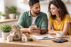 Casal analisando informações financeiras no smartphone sobre mesa com documentos, calculadora, xícara de café, miniaturas de casas e saco com dinheiro em destaque, representando planejamento doméstico, organização do orçamento e decisão sobre Empréstimo para aquisição de imóvel ou reorganização financeira.