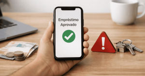 Mão segurando um smartphone com a mensagem “Empréstimo Aprovado” e um ícone de confirmação verde na tela. Sobre a mesa há notas e moedas, um notebook ao fundo, uma xícara de café, uma placa triangular vermelha de alerta com ponto de exclamação e um chaveiro com chave e miniatura de casa.
