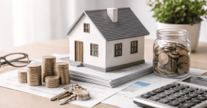 Cena de planeamento financeiro imobiliário com uma maquete de casa colocada sobre documentos e relatórios financeiros numa secretária. Ao lado encontram-se várias pilhas de moedas, um frasco de vidro cheio de moedas, um conjunto de chaves e uma calculadora, elementos que representam poupança, gestão de orçamento e análise de custos associados à compra de habitação. A composição simboliza a preparação financeira, o cálculo de despesas e a importância da poupança e do financiamento para aquisição de imóvel através de empréstimos.
