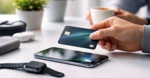 Pessoa aproximando cartão de crédito do smartphone para pagamento por aproximação, com smartwatch e itens pessoais ao redor.