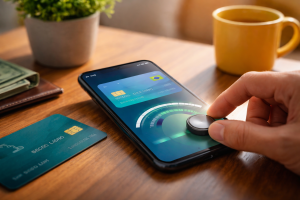 Imagem realista e minimalista de um Cartão de crédito ao lado de um smartphone sobre uma mesa de madeira, com uma mão ajustando um controle digital na tela, representando o conceito de limite flexível de crédito no Brasil.