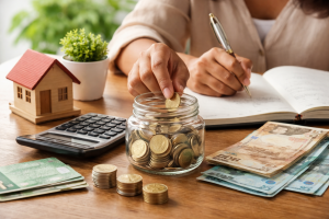 Pessoa depositando moedas em um pote de vidro sobre mesa de madeira, com cédulas de real, calculadora e caderno ao fundo, representando organização de Finanças pessoais e hábitos de planejamento financeiro no Brasil.