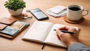 Pessoa anotando despesas em um caderno sobre mesa de madeira com carteira contendo dinheiro em reais, celular, moedas e recibos ao lado, representando organização de finanças pessoais em ambiente doméstico minimalista.