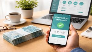 Pessoa segurando smartphone com aprovação de EMPRÉSTIMO em aplicativo financeiro, ao lado de dinheiro em reais sobre mesa com notebook e café, representando crédito digital no Brasil