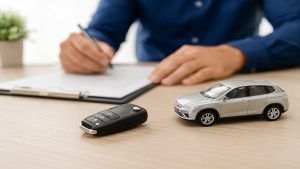 A imagem complementa o tema ao apresentar uma cena minimalista e realista relacionada ao processo de compra financiada de um automóvel. Em destaque, aparecem uma chave automotiva e a miniatura de um carro sobre uma mesa, enquanto uma pessoa assina documentos ao fundo. A composição transmite planejamento financeiro, análise contratual e tomada de decisão consciente, alinhando-se ao contexto de empréstimo e crédito automotivo no Brasil.