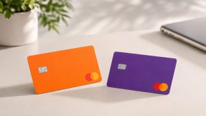 Dois cartões bancários modernos em tons de laranja e roxo sobre uma mesa clara, com iluminação suave e ambiente minimalista ao fundo. A composição representa a disputa entre bancos digitais no mercado brasileiro de cartão de credito sem anuidade, transmitindo praticidade, tecnologia e experiência financeira contemporânea.