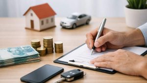 Mãos assinando documento com miniatura de casa, carro, moedas, dinheiro, celular e chave sobre mesa de madeira clara.